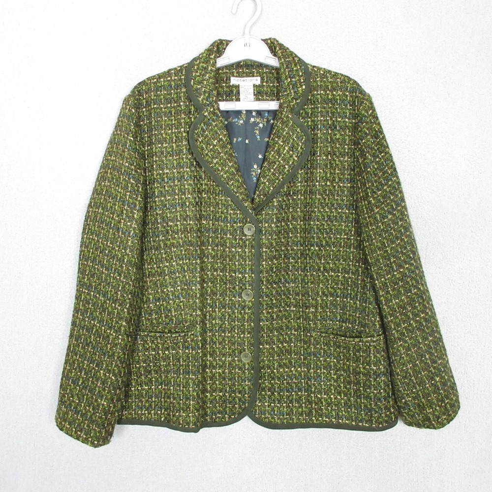Notations Womens XL Green Tweed Boucle Blazer Floral Lined Button Jacket 1A09800